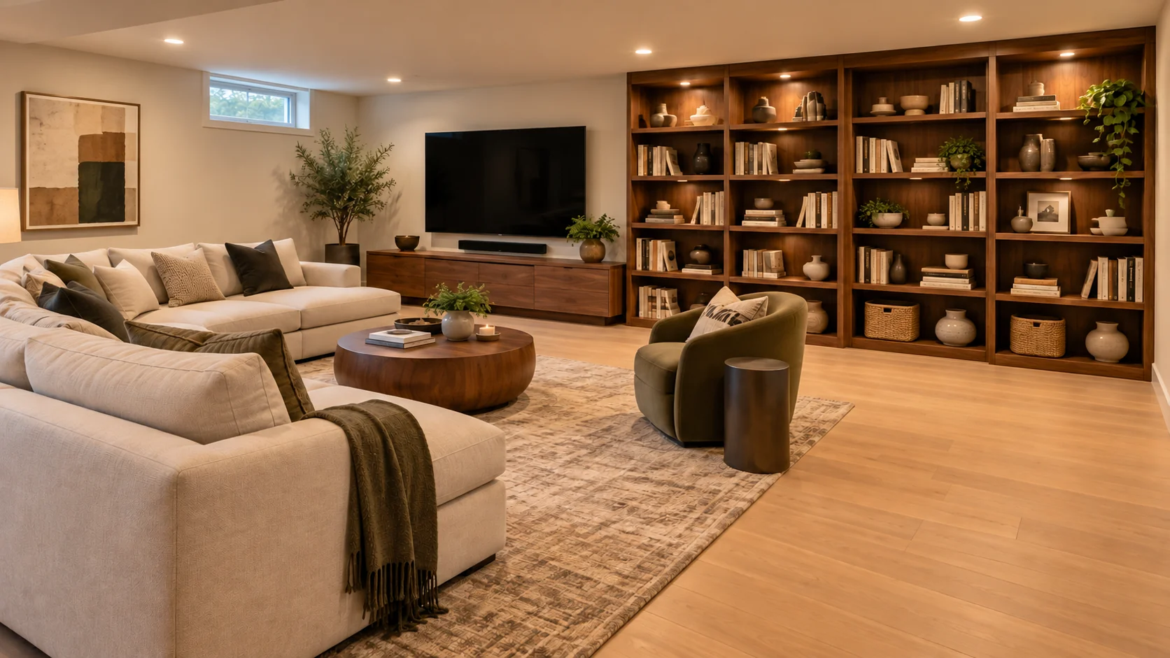 AI design concept of a warm, inviting basement lounge
