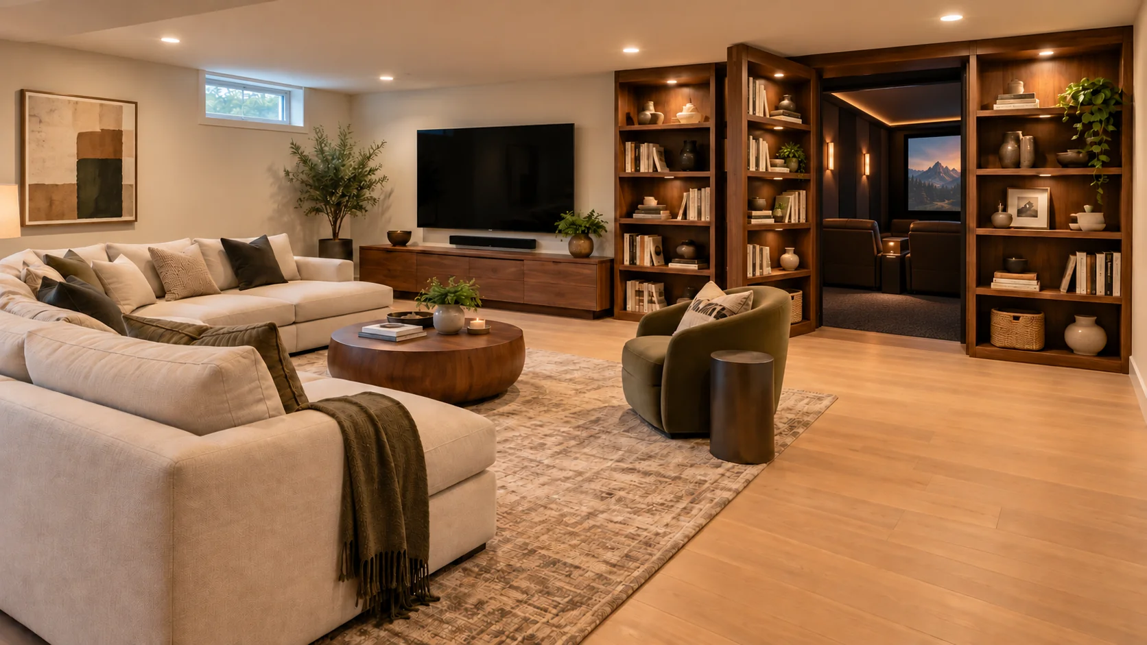 The bookshelf entrance opens to reveal a private cinema beyond the lounge