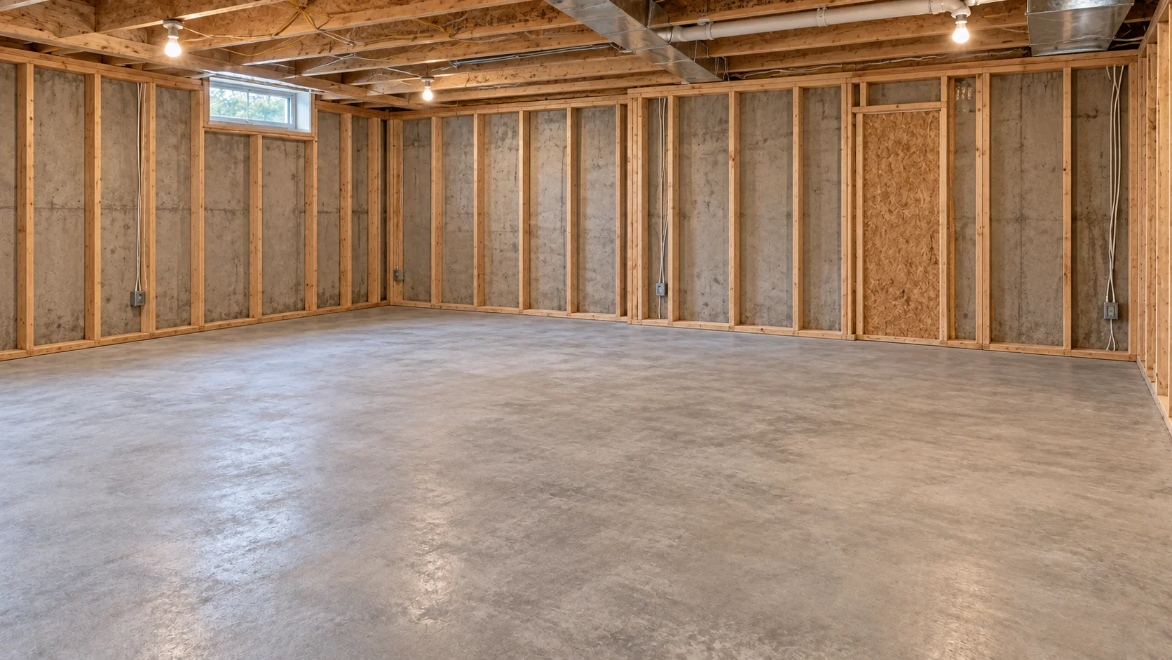 Unfinished basement concept with exposed structure and a concrete floor